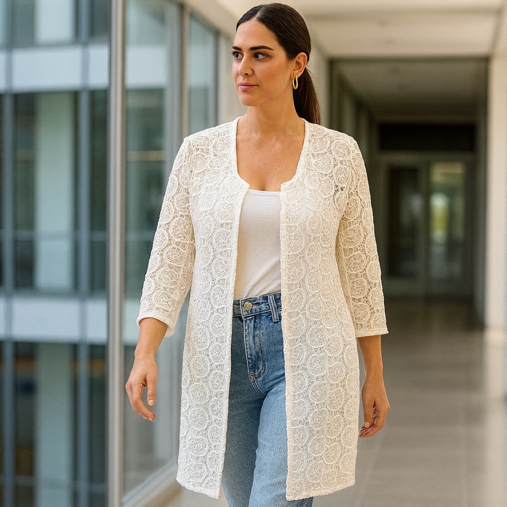 🌸ZARA White Lace Open Front Cardigan Size XL formal outfit classic chic elegant